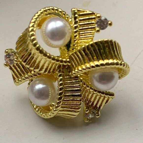 Vintage 1960s Style Faux Pearl Bow Ribbon Earrings, 18k Gold Plated Studs, Gift - Picture 4 of 9